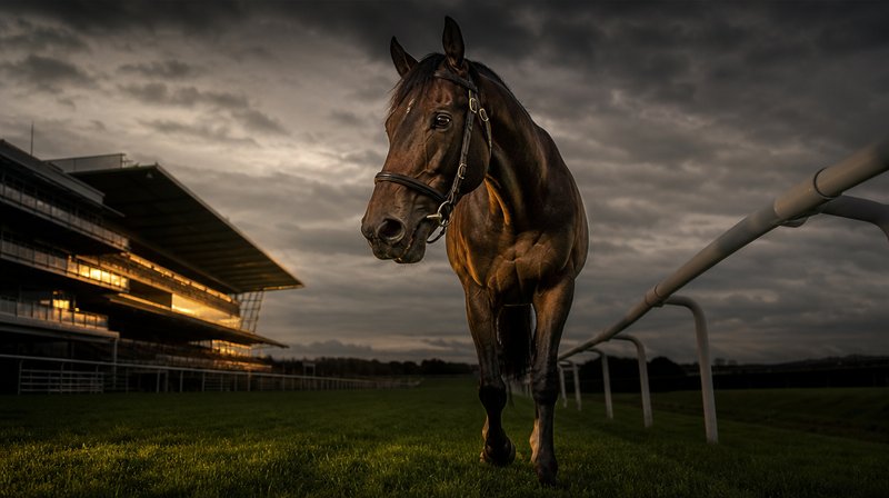 UK thoroughbred horse beside a white rail at a racecourse